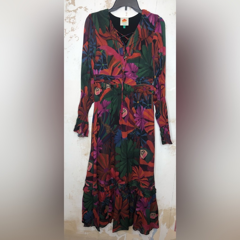 Farm, Rio Bird flowers long sleeve V-neck maxi dress, size small - Picture 3 of 15